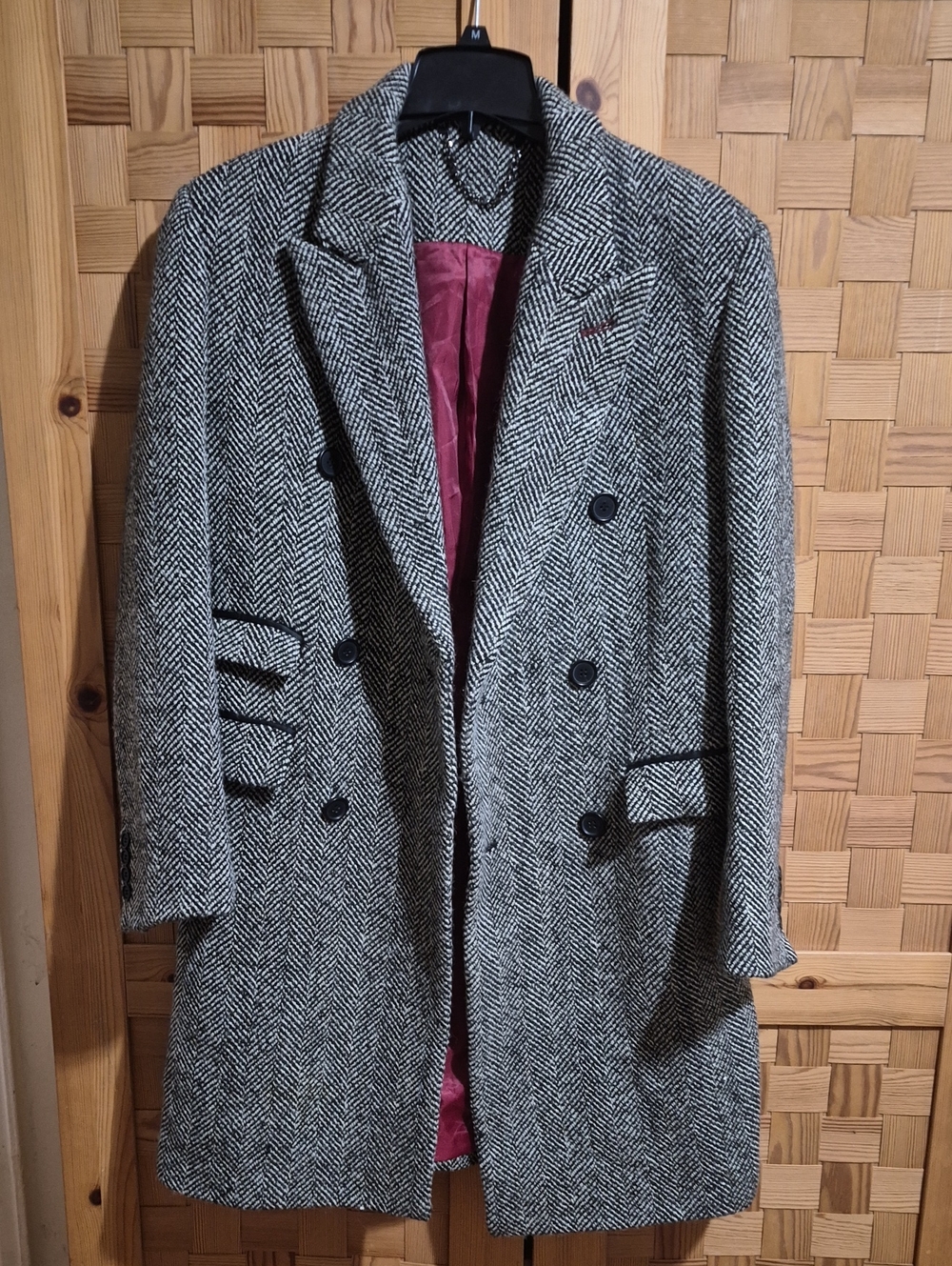 Topman Black & White Herringbone Double-Breasted Pea Coat with Burgundy Lining